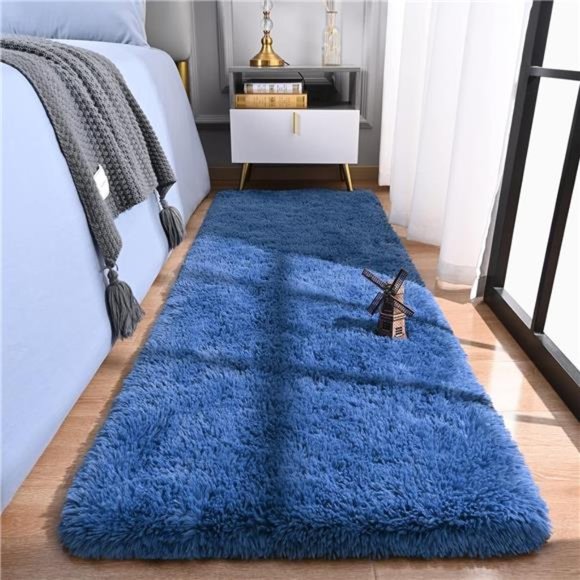 Shag Runner Rug for Bedroom,2x6 Feet Fluffy Rugs with Non-Slip Bottom, Navy Blue - Picture 1 of 6